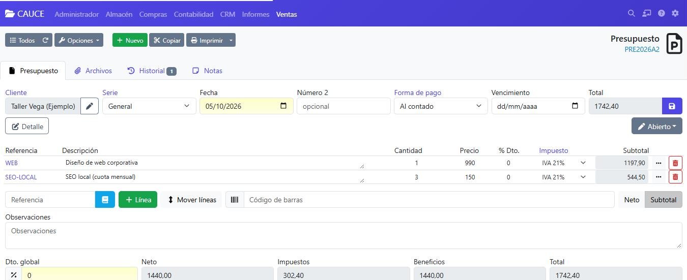 Pantalla real de un presupuesto con dos servicios, sus precios, el IVA y el total calculado